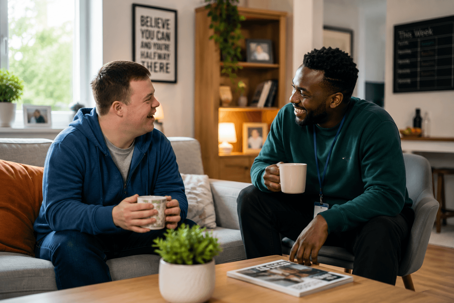 Two housemates chatting in a supported housing living room